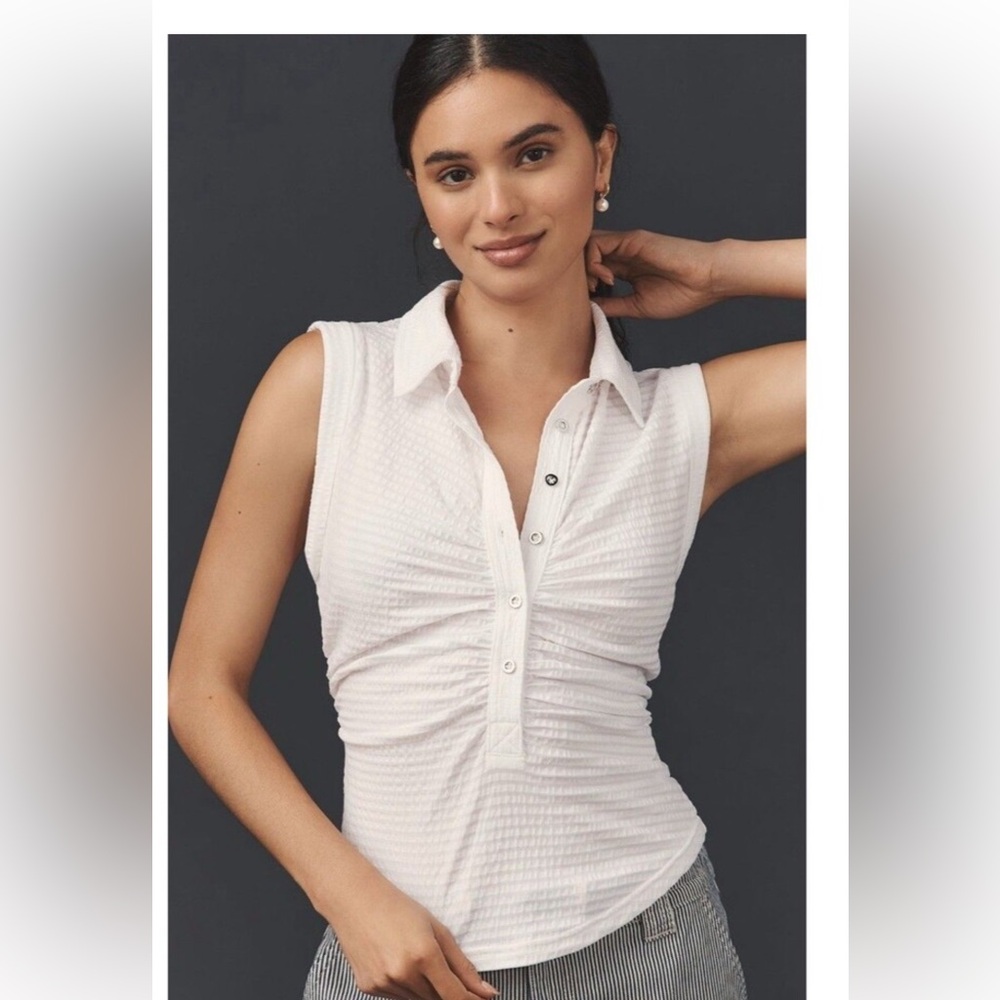 Women’s Anthropologie Pilcro White Textured Ruched Polo Tank Top Large Blouse